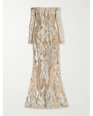 Elie Saab Off-The-Shoulder Sequined Silk-Blend Gown - Natural