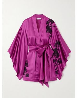 Carine Gilson Belted Lace-Trimmed Silk-Satin Robe - Pink