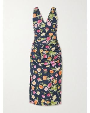 Carolina Herrera Gathered Floral-Print Stretch-Cotton Midi Dress - White