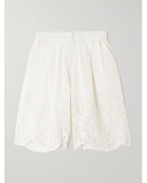 Thierry Colson Short En Lin Et Coton Mélangés À Broderie Anglaise, Plis Et Festons - Blanc