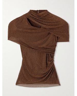 Self-Portrait Gathered Cutout Crystal-Embellished Mesh Top - Brown