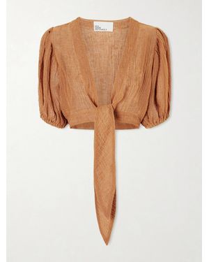 Lisa Marie Fernandez Pouf Cropped Linen-Blend Gauze Wrap Top - Brown