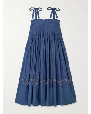 Eka Riley Pintucked Tiered Embroidered Cotton And Silk-Blend Midi Dress - Blue
