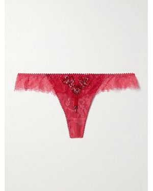 Agent Provocateur Graicelle Embellished Leavers Lace And Stretch-Silk Satin Thong - Red