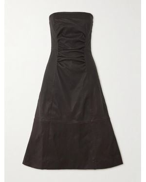 STAUD Bowery Gathered Leather Midi Dress - Black
