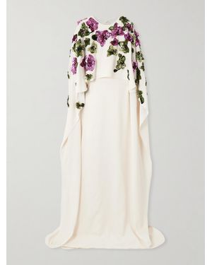 Oscar de la Renta Cape-Effect Sequin-Embellished Stretch-Silk Georgette Gown - Natural