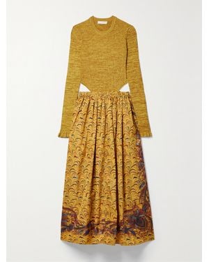 Ulla Johnson Marcellina Cutout Ribbed-Knit And Printed Taffeta Midi Dress - Yellow