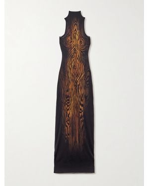 Jean Paul Gaultier Layered Draped Printed Stretch-Tulle Turtleneck Maxi Dress - White