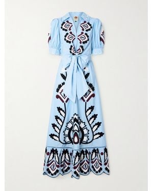 FARM Rio Tie-Front Scalloped Appliquéd Cotton-Poplin Maxi Dress - Blue