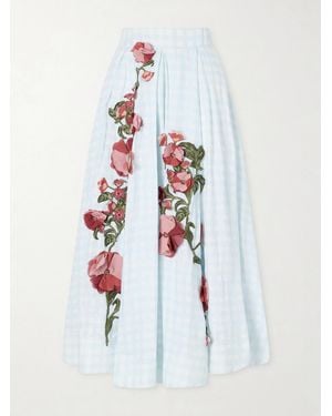Agua Bendita Delta Floral-Appliqué Checked Linen Maxi Skirt - White