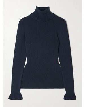 Chloé Logo-Detailed Ribbed Cotton And Wool-Blend Turtleneck Jumper - Blue