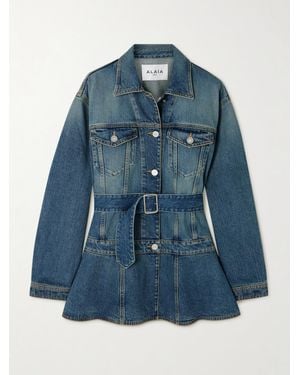 Alaïa Belted Denim Peplum Jacket - Blue
