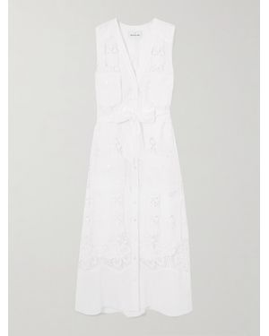 Miguelina Alexia Belted Embroidered Cotton-Voile And Lace Midi Dress - White