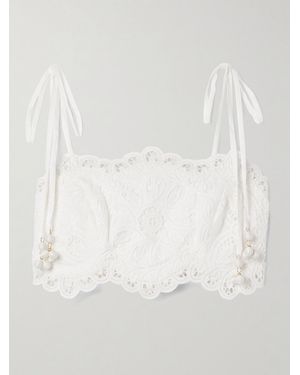 Zimmermann Ottie Bead-Embellished Cropped Cotton Guipure Lace Top - White
