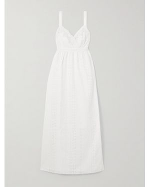 Loretta Caponi Edith Gathered Lace-Trimmed Broderie Anglaise Cotton Maxi Dress - White