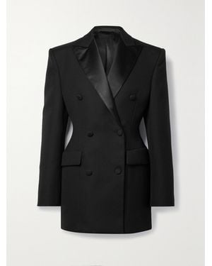Wardrobe NYC Silk-Satin Trimmed Double-Breasted Grain De Poudre Wool Mini Dress - Black