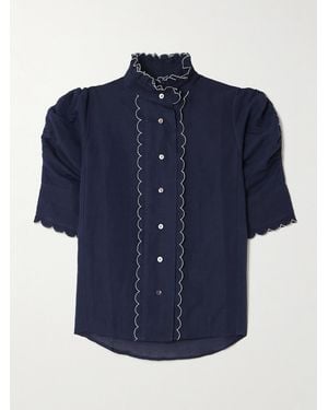 Thierry Colson Vita Scalloped Ruched Cotton And Linen-Blend Blouse - Blue