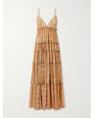 La DoubleJ Nymph Printed Ruffled Mesh Maxi Dress - Natural