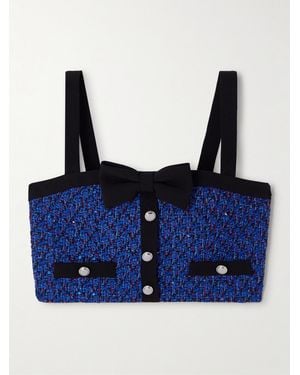 Alessandra Rich Embellished Cropped Cady-Trimmed Tweed Top - Blue