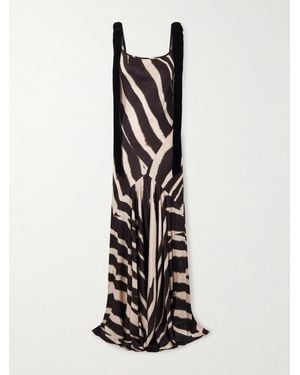 Nina Ricci Bow-Detailed Velvet-Trimmed Zebra-Print Satin Gown - White
