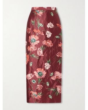 Erdem Floral-Printed Satin Midi Pencil Skirt - Red
