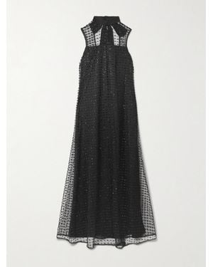 STAUD Albee Embellished Tie-Detailed Faille-Trimmed Tulle Maxi Dress - Black