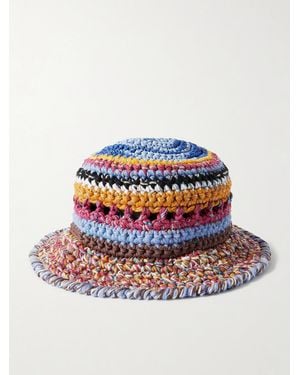 ULTRAVIOLHAT Crocheted Cotton And Raffia-Blend Bucket Hat - Blue