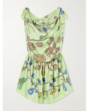 Versace Knotted Draped Printed Silk-Twill Mini Dress - Green
