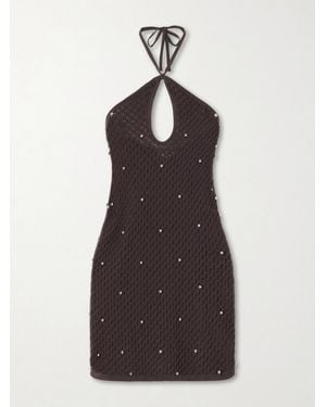 STAUD Isola Embellished Crocheted Cotton Halterneck Mini Dress - Brown