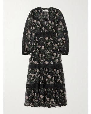 Sea Elizabeth Tiered Lace-Trimmed Floral-Print Crepon Midi Dress - Black