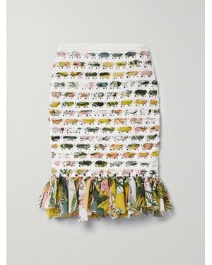 Oscar de la Renta Crochet-Knit Cotton And Fringed Printed Chiffon Skirt - Natural