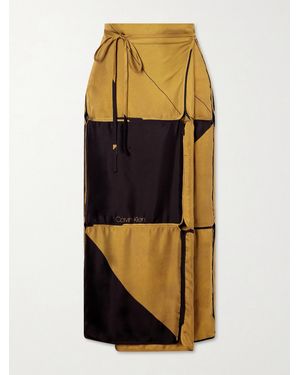 Calvin Klein Hallie Patchwork Silk-Twill Wrap Midi Skirt - Brown