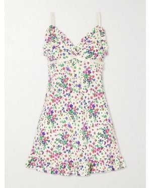 Gucci Floral-Print Lace-Trimmed Silk-Crepe Mini Dress - White