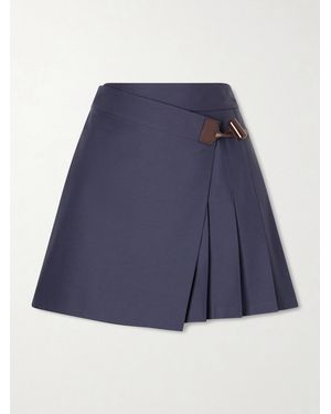 Loewe Pleated Leather-Trimmed Cotton-Blend Mini Skirt - Blue