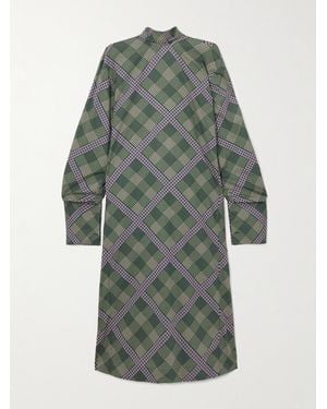 Dries Van Noten Tie-Neck Pleated Printed Cotton-Poplin Midi Dress - Grey