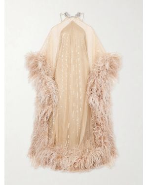 ‎Taller Marmo Sza Sza Disco Robe Aus Tüll Mit Verzierungen Und Federn - Natur