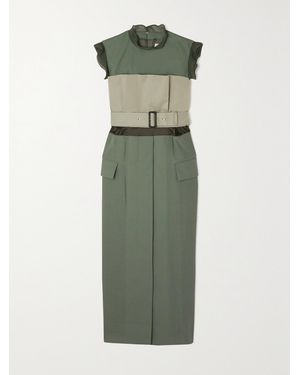 Sacai Belted Panelled Chiffon-Trimmed Woven Midi Dress - Green