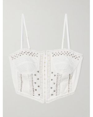 LoveShackFancy Rosabella Cropped Lace-Trimmed Crystal-Embellished Cotton-Voile Top - White