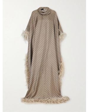 Gucci Feather-Trimmed Printed Satin Maxi Dress - Natural