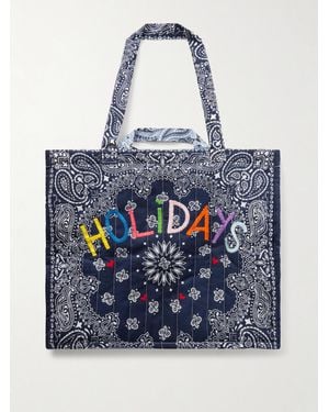 Call it By Your Name Cabas Maxi Embroidered Quilted Printed Cotton Tote Bag - Blue