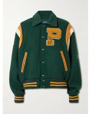 Polo Ralph Lauren Appliquéd Striped Leather-Trimmed Wool-Blend Varsity Jacket - Green