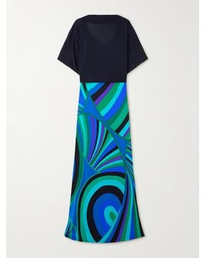 PUCCI Layered Cotton And Silk-Blend And Printed Jersey Maxi Dress - Blue