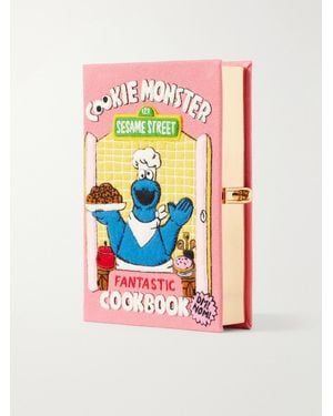Olympia Le-Tan Cookie Monster Fantastic Cookbook Embroidered Canvas Clutch - White