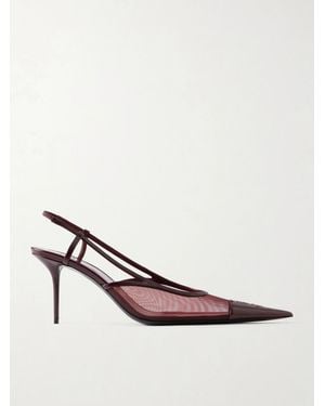 Saint Laurent Renée Cassandre-Embroidered Patent Leather-Trimmed Mesh Slingback Pumps - Pink