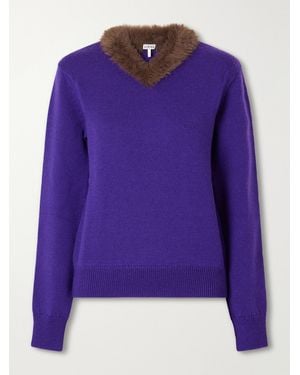 Loewe Plush-Trimmed Ribbed Wool Sweater - Purple