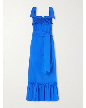 Loretta Caponi Armida Belted Ruffled Smocked Cotton-Poplin Maxi Dress - Blue