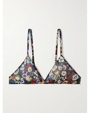 KHAITE Talita Floral-Print Silk-Chiffon Triangle Bra - Black