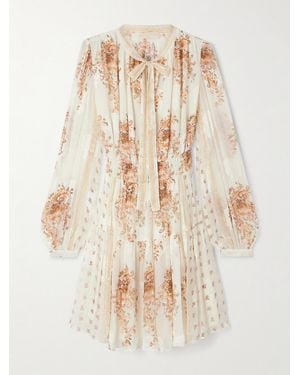 Ulla Johnson Maris Tie-Neck Shirred Gathered Printed Silk-Blend Crepon Mini Dress - Natural