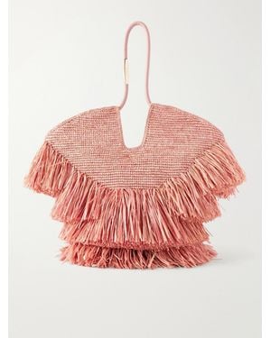 Zimmermann Goldentime Fringed Embellished Leather-Trimmed Raffia Tote - Pink