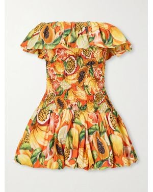 FARM Rio Strapless Ruffled Printed Shirred Cotton Mini Dress - Yellow